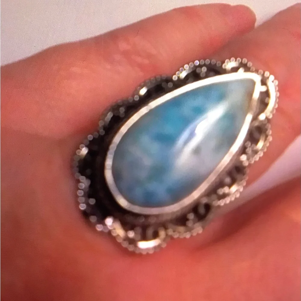 Larimar Stamped 925 Sterling Silver Ring